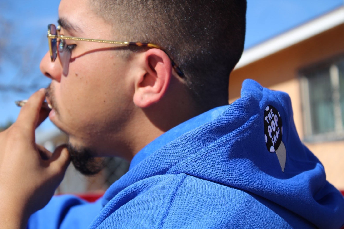 Blue P$E Hoodie with Black Mushroom Logo