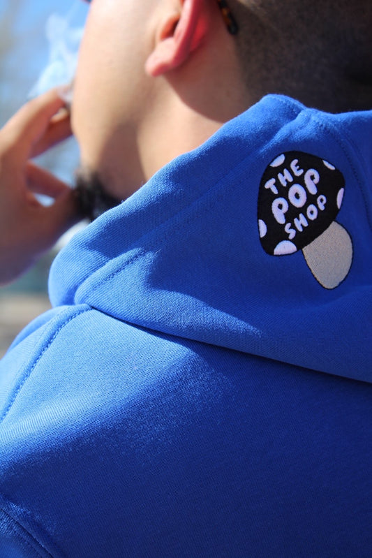 Blue P$E Hoodie with Black Mushroom Logo