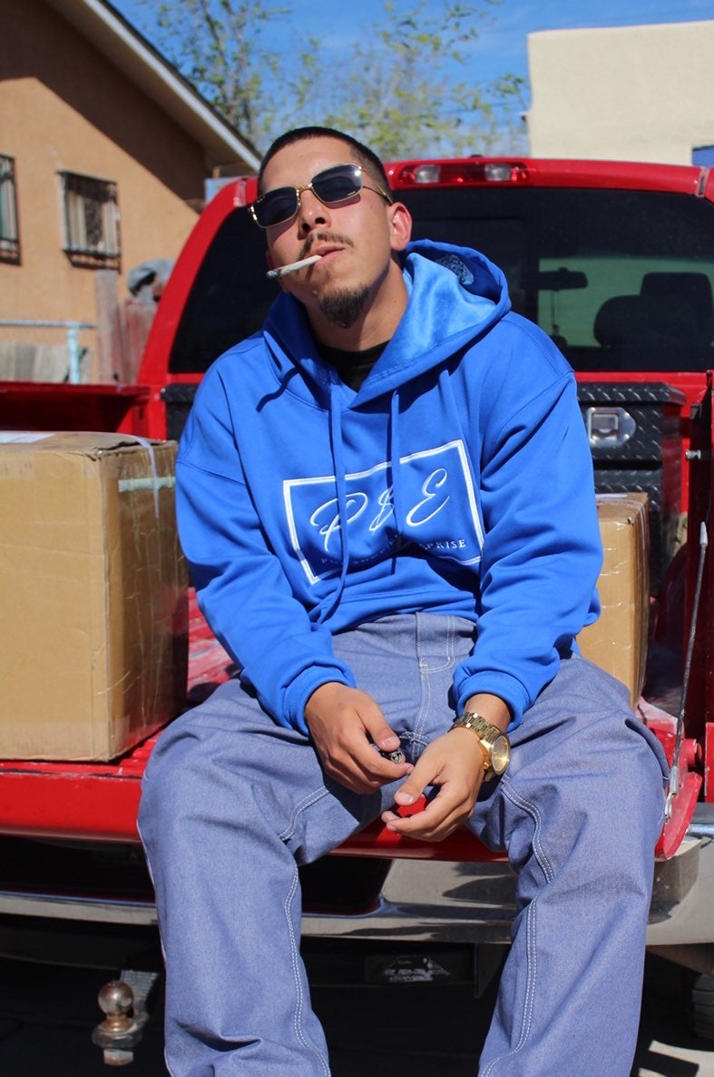 Blue P$E Hoodie with Black Mushroom Logo