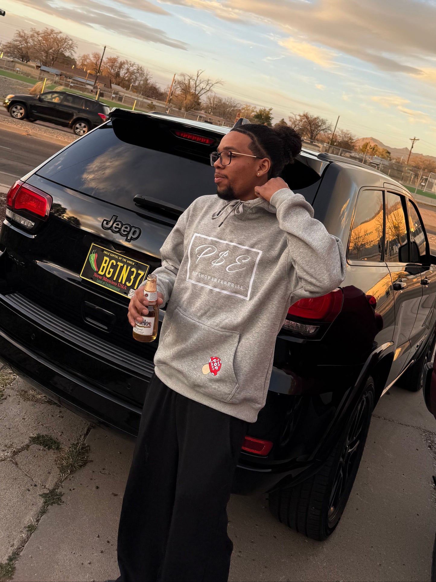 Gray P$E Hoodie with Red Mushroom Logo